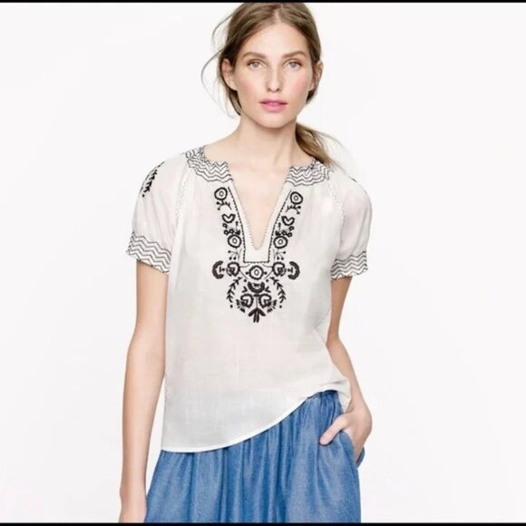J. Crew Vtg Airy White Gauze Embroidered V-Neck Short Puff Sleeve Blouse Size 0 - Picture 1 of 16